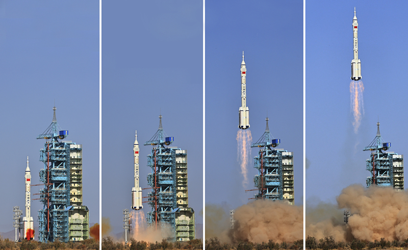 2023年10月26日，神舟十七號(hào)載人飛船發(fā)射升空過(guò)程（拼版照片）